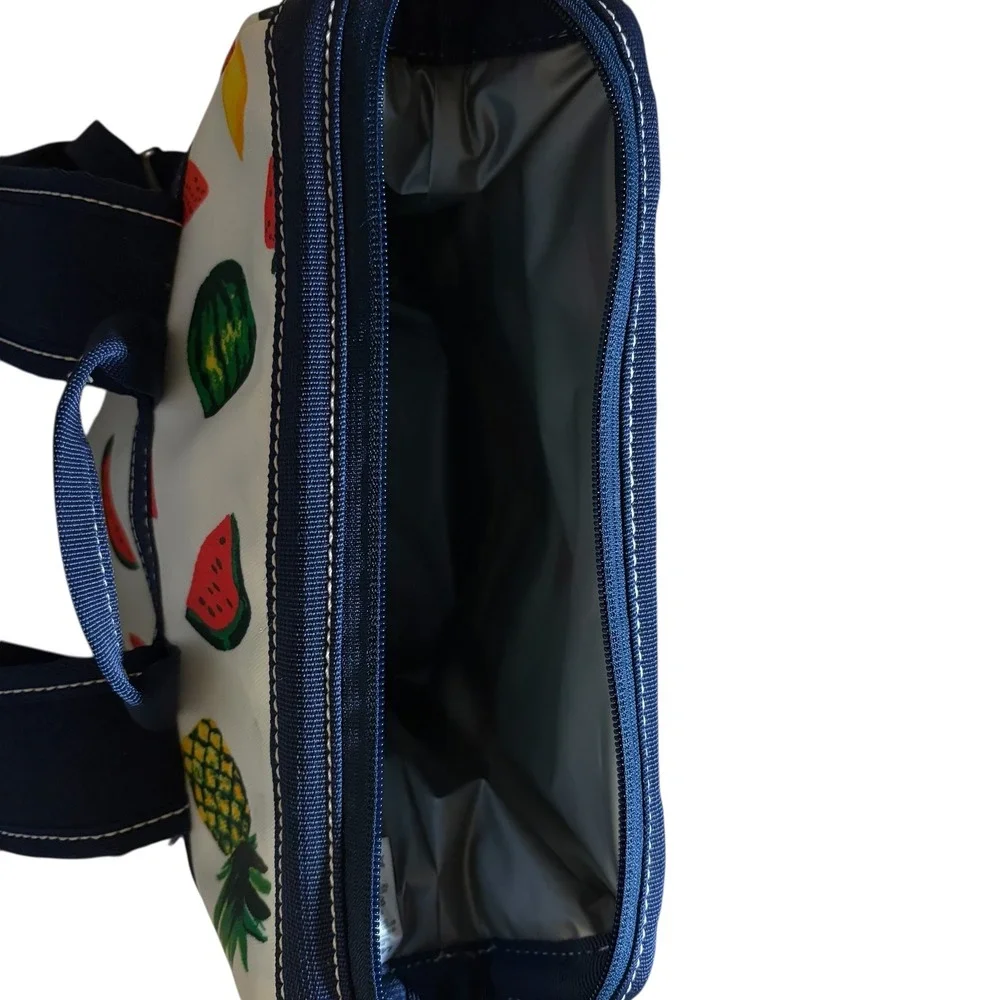 Lands End Large Canvas Coated Fruit Print Backpack Navy Trim Insulated CoolerBag